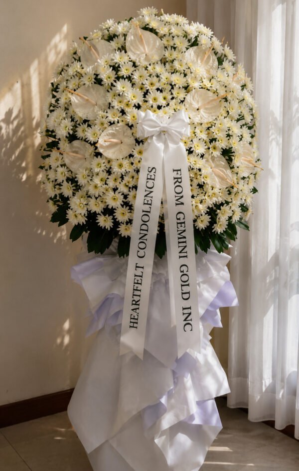 Sincerest Condolences - White Round Chrysanthemum Funeral Stand