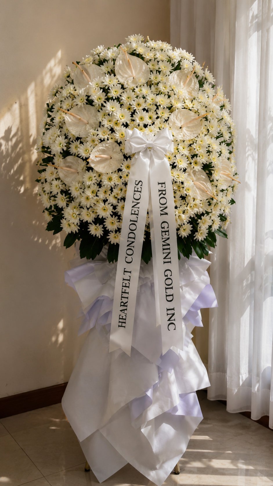 Sincerest Condolences - White Round Chrysanthemum Funeral Stand
