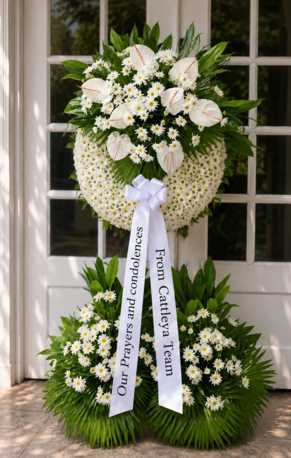 Comfort In Petals - White Chrysanthemum & Anthurium Funeral Stand