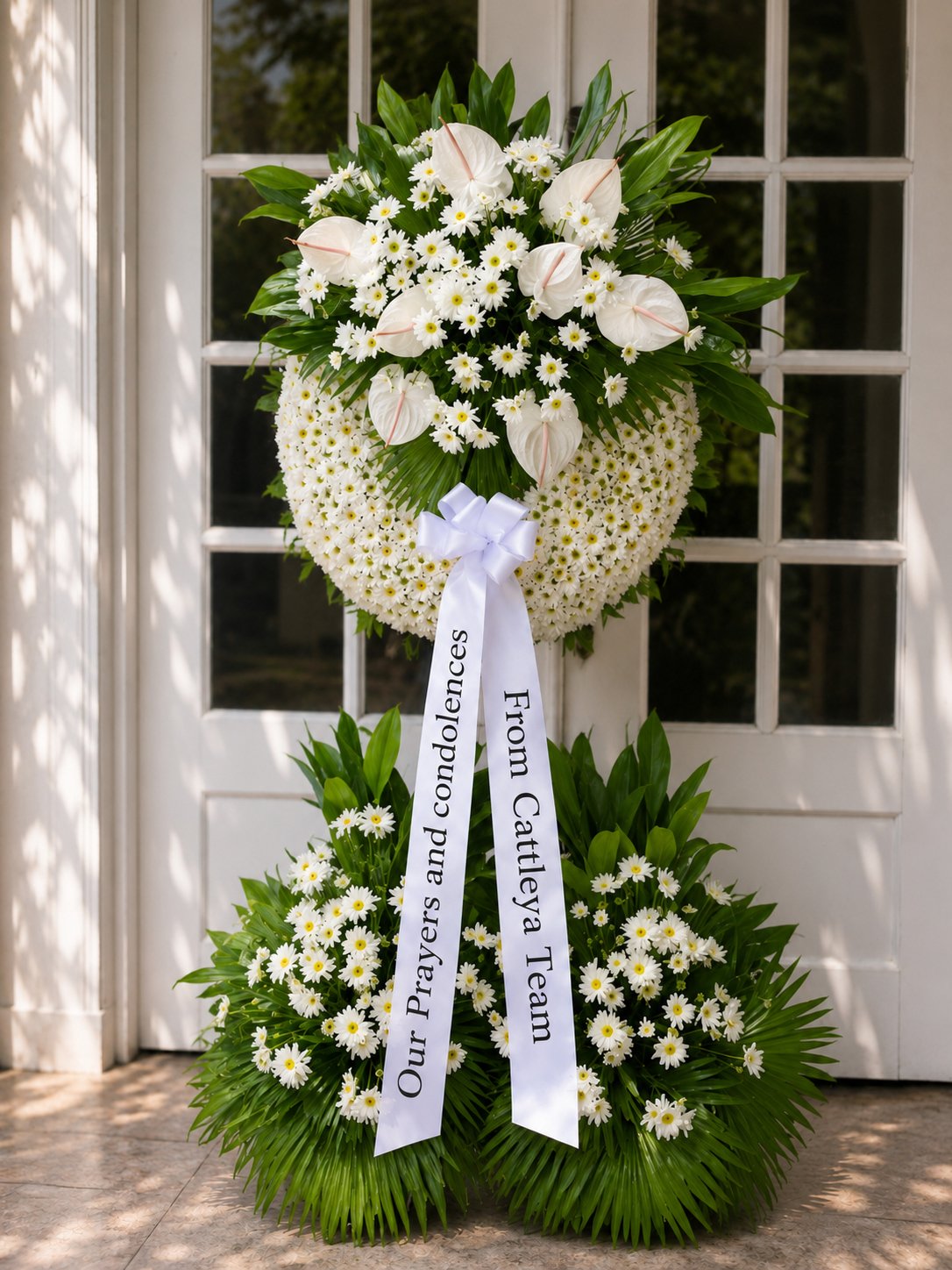 Comfort In Petals - White Chrysanthemum & Anthurium Funeral Stand