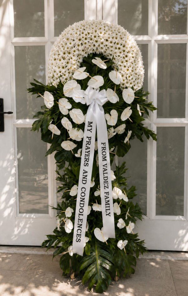 With Every Flower - White Chrysanthemum & Anthurium Funeral Stand