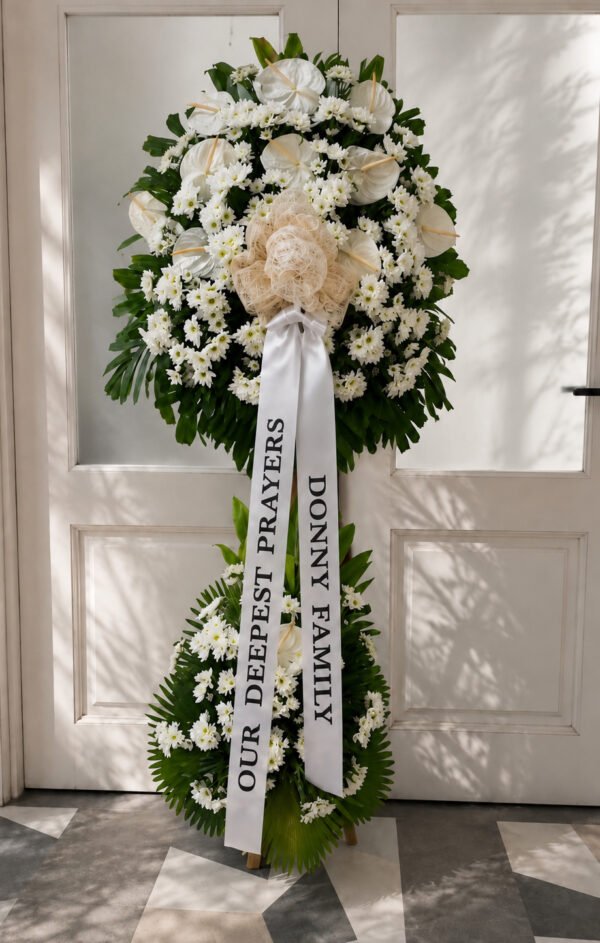 A Token Of Love - White Chrysanthemum & Anthurium Funeral Stand