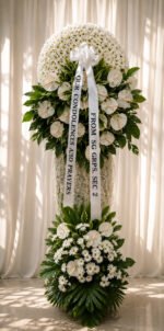 Legacy Of Love - White Chrysanthemum & Anthurium Funeral Stand