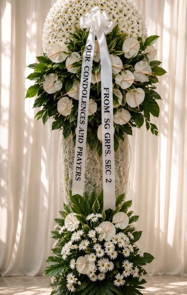 Legacy Of Love - White Chrysanthemum & Anthurium Funeral Stand