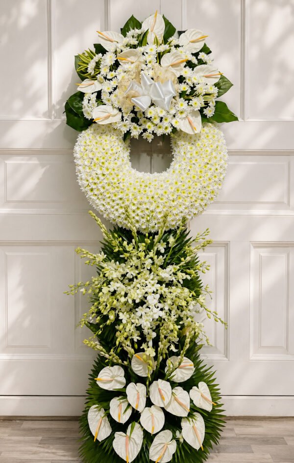All Our Love - White Chrysanthemum Funeral Wreath Stand