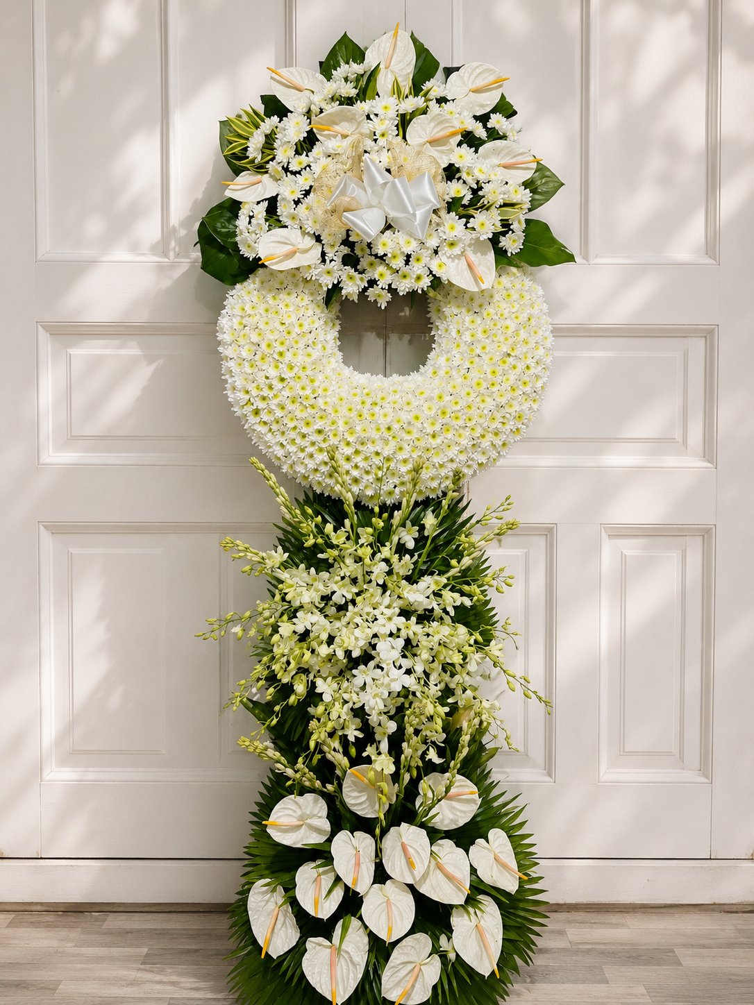 All Our Love - White Chrysanthemum Funeral Wreath Stand