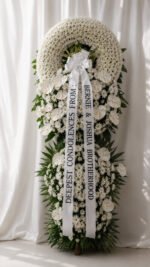 Full Of Memories - White Chrysanthemum & Anthurium Funeral Wreath Stand