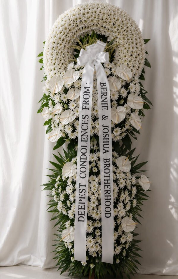 Full Of Memories - White Chrysanthemum & Anthurium Funeral Wreath Stand