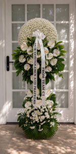 Never Forget You - White Chrysanthemum & Anthurium Funeral Stand