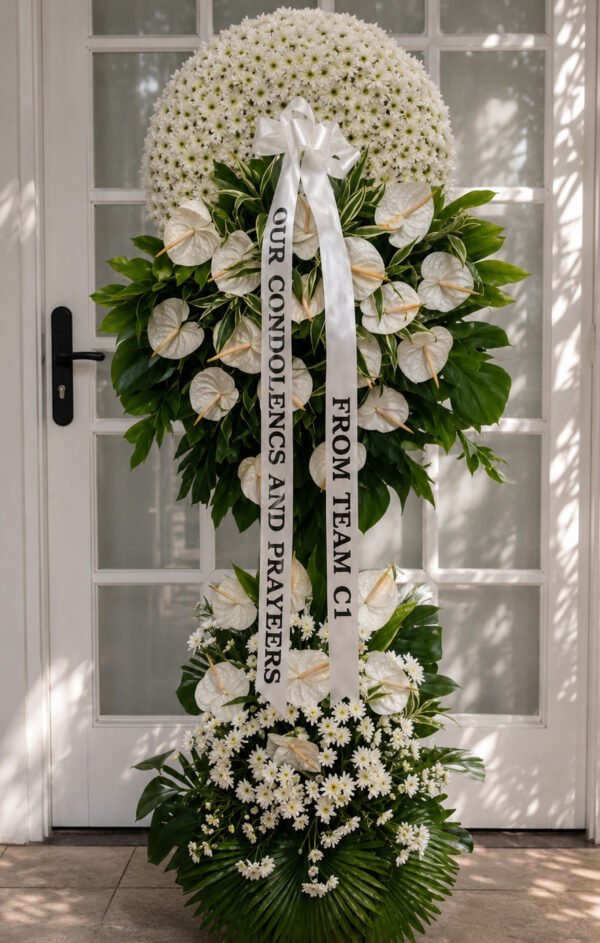 Never Forget You - White Chrysanthemum & Anthurium Funeral Stand