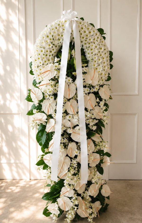 Pure Serenity - White Chrysanthemum, Anthurium & Orchid Funeral Stand