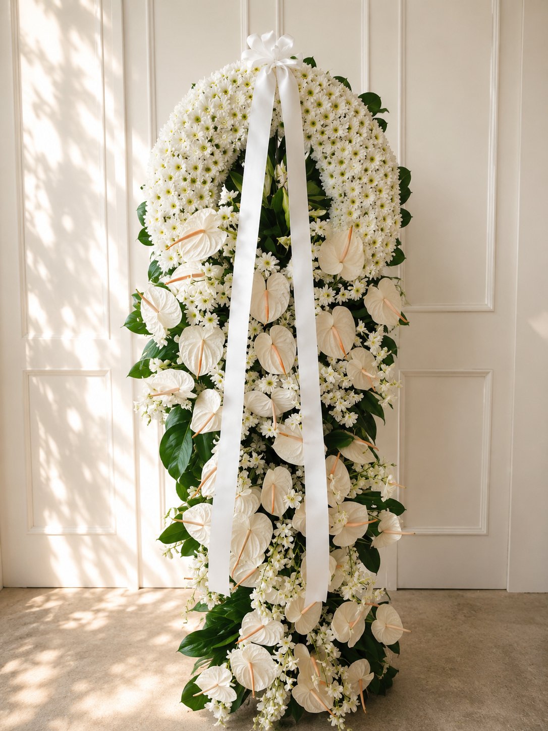 Pure Serenity - White Chrysanthemum, Anthurium & Orchid Funeral Stand