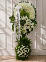 Cherished & Remembered - White Chrysanthemum & Anthurium Funeral Stand