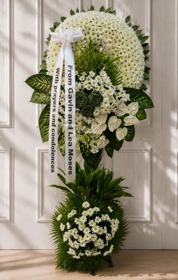 Cherished & Remembered - White Chrysanthemum & Anthurium Funeral Stand