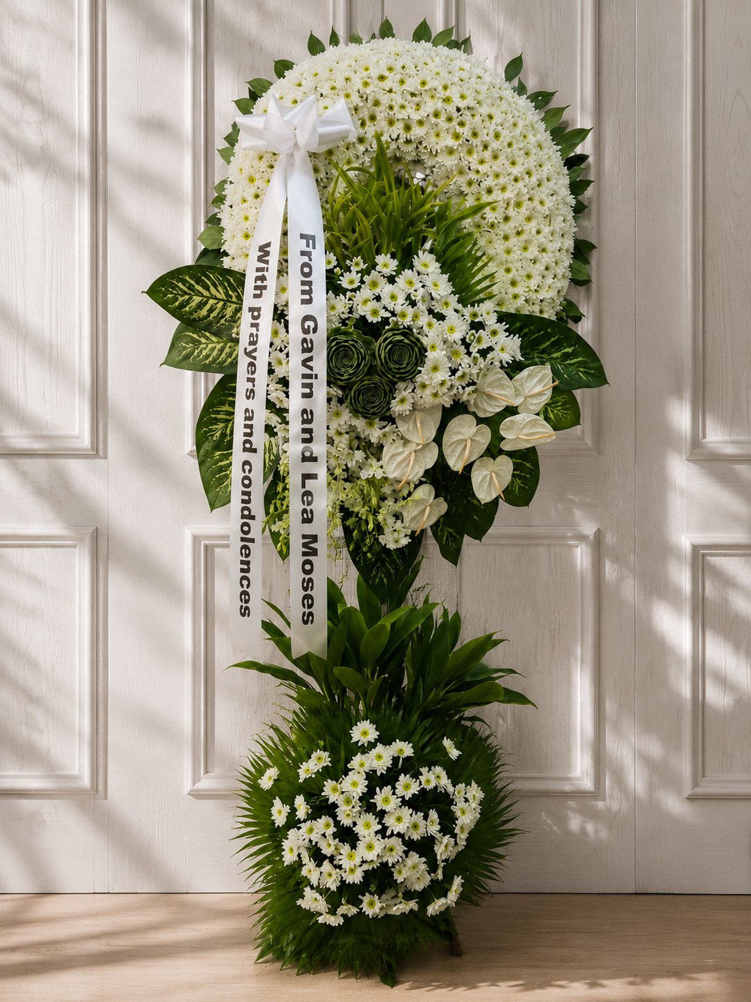 Cherished & Remembered - White Chrysanthemum & Anthurium Funeral Stand