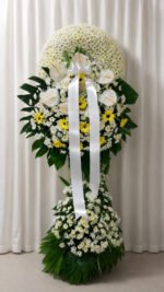 Light & Peace - White Chrysanthemum, Anthurium & Yellow Gerbera Funeral Stand