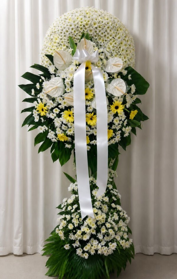 Light & Peace - White Chrysanthemum, Anthurium & Yellow Gerbera Funeral Stand
