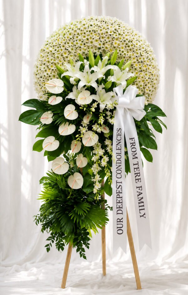 Memory Lives On - White Lily & Anthurium Funeral Stand