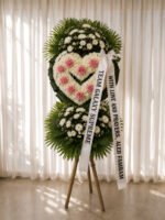 A Heart So Dear - White & Pink Carnation Heart Funeral Stand