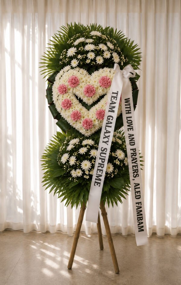 A Heart So Dear - White & Pink Carnation Heart Funeral Stand
