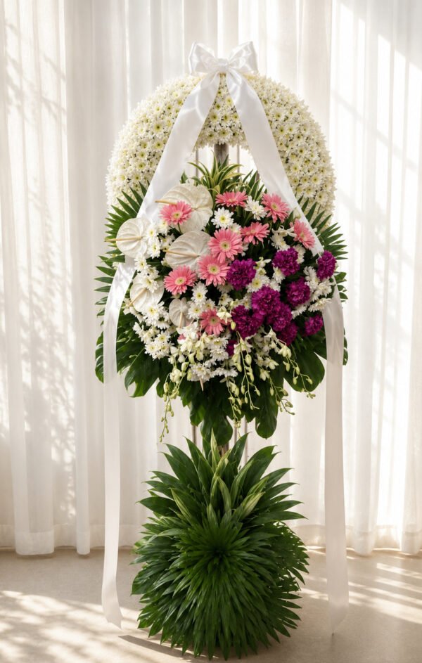 Life Well Loved - White Chrysanthemum, Pink Gerbera & Anthurium Funeral Wreath
