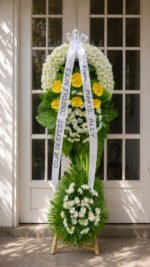Dearly Loved - White Chrysanthemum & Yellow Anthurium Funeral Stand