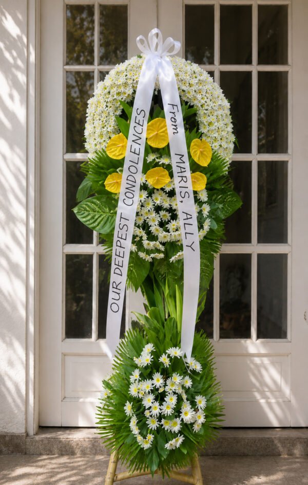Dearly Loved - White Chrysanthemum & Yellow Anthurium Funeral Stand