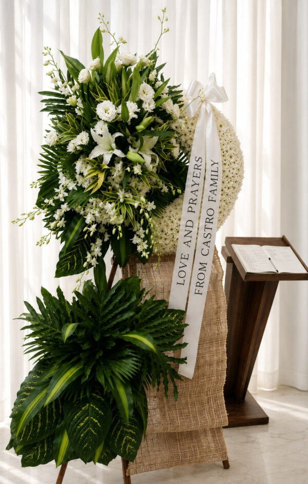 May Soul Rest - White Lily & Orchid Funeral Stand