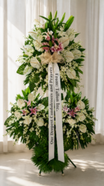 You Are Missed - White & Pink Lily Funeral Stand