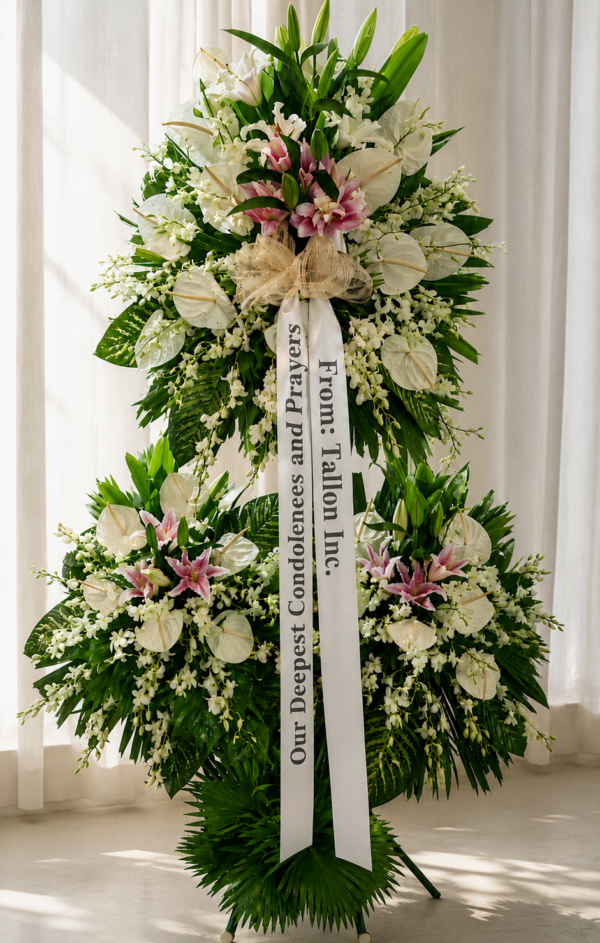 You Are Missed - White & Pink Lily Funeral Stand