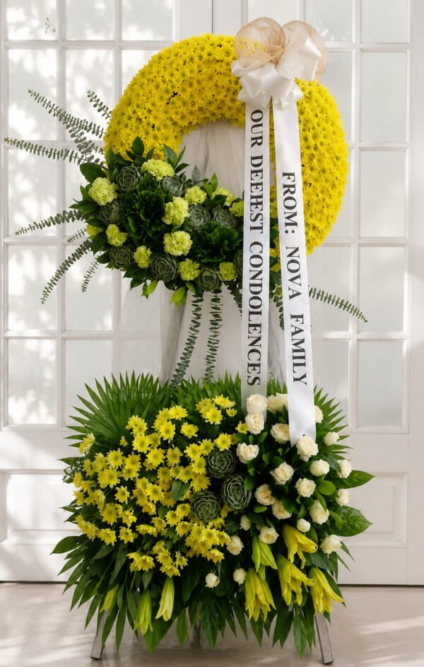 In Loving Memory - Yellow Chrysanthemum & Green Mum Funeral Wreath