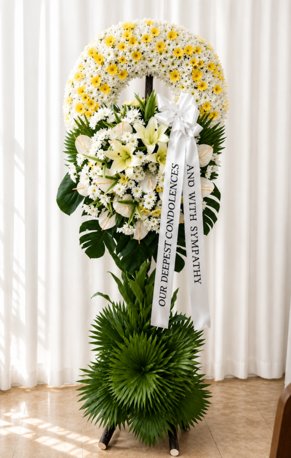 Thinking Of You - Yellow Funeral Wreath with White Lilies