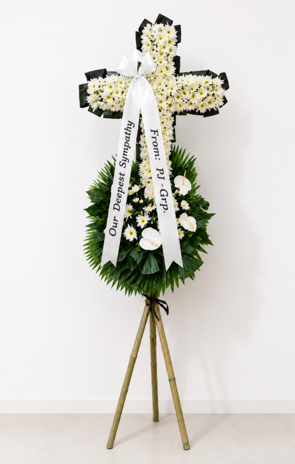 Called to Heaven - White Chrysanthemum & Anthurium Funeral Stand Cross